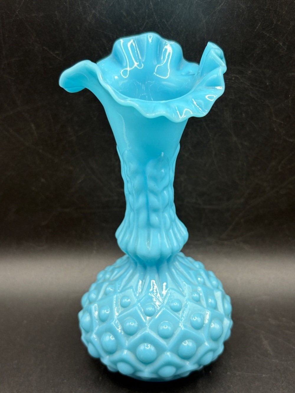 Vintage Blue Opaline Milk Glass Ruffled Crimped Flared Rim Vase Vessel Decor
